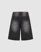 VINTAGE WASHED WIDE LEG DENIM SHORTS - BLACK