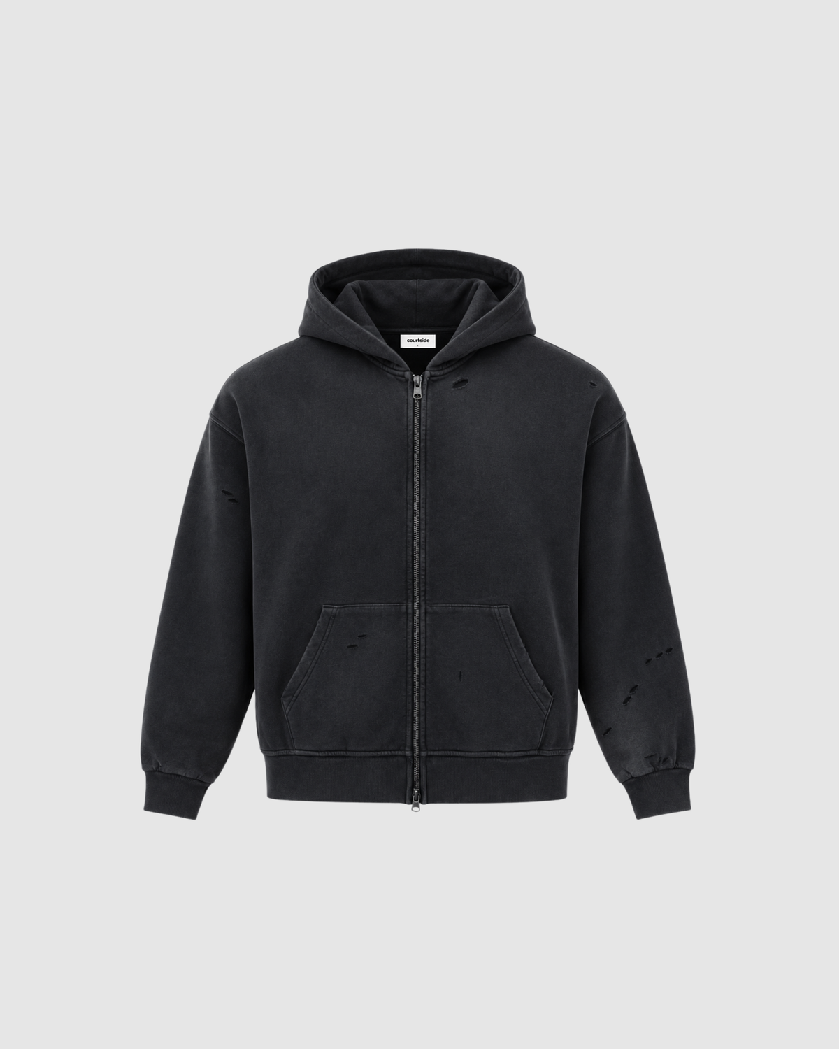 HAND FRAYED ZIP HOODIE - BLACK