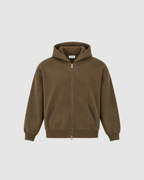 HAND FRAYED ZIP HOODIE - BROWN