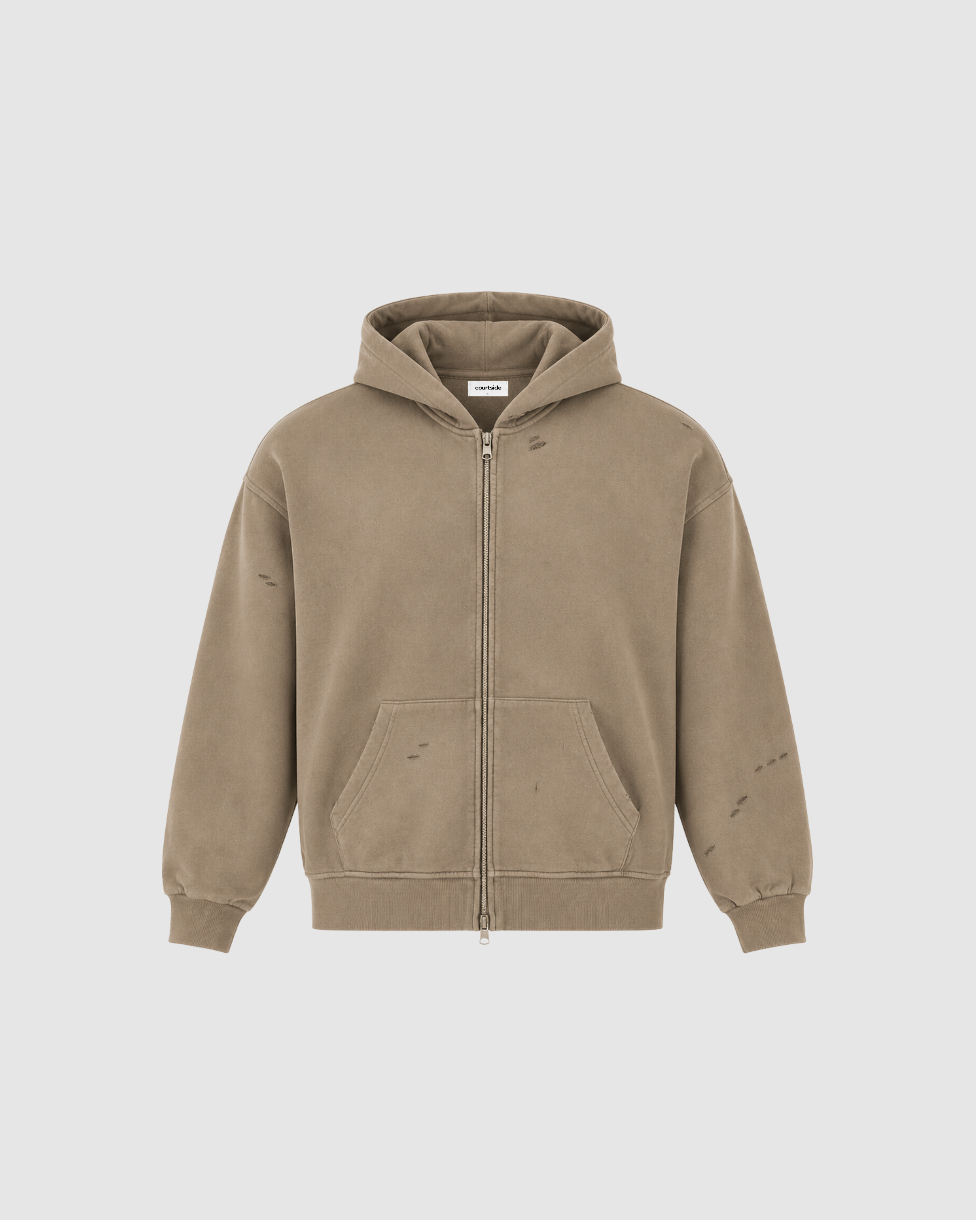 HAND FRAYED ZIP HOODIE - SAND