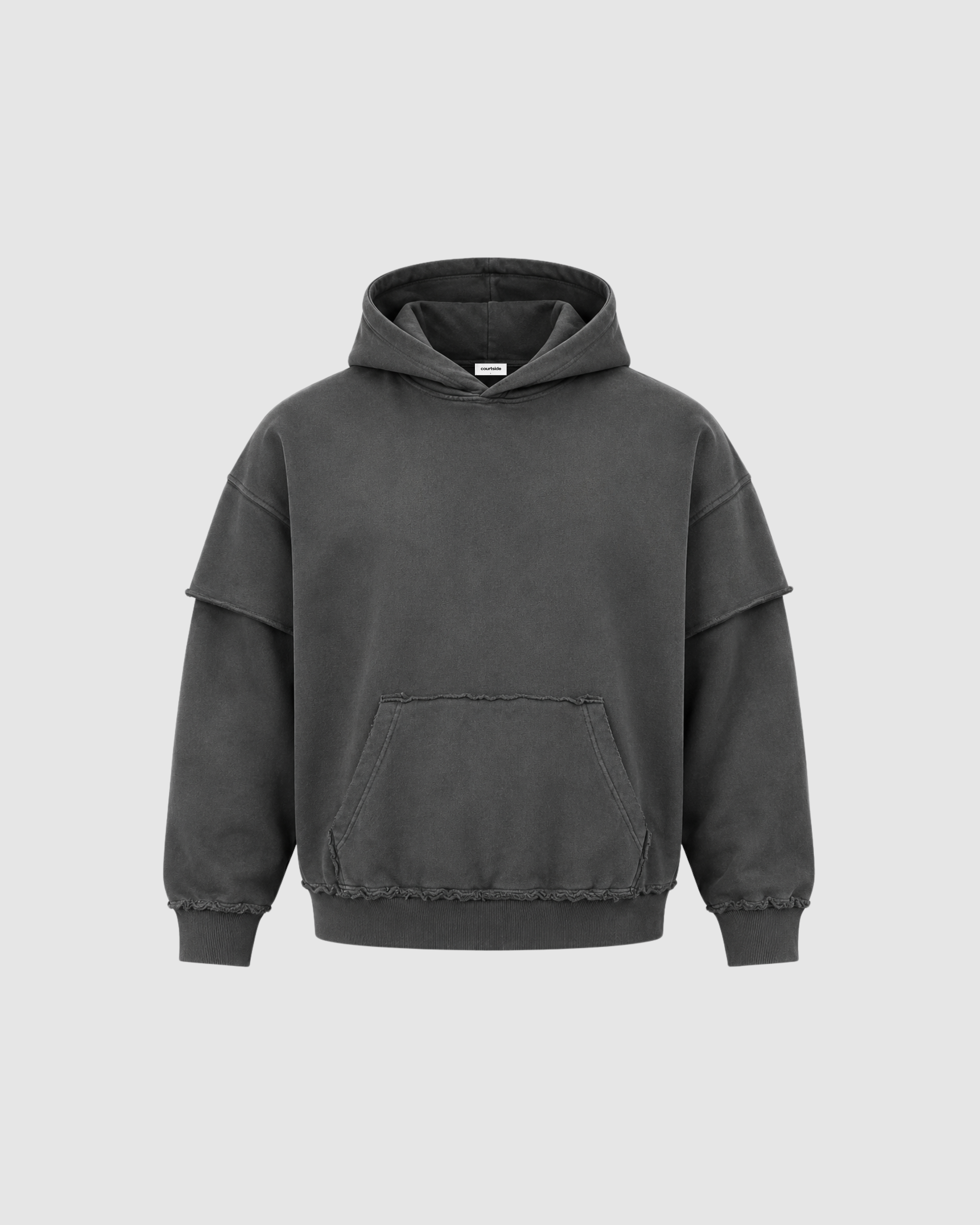 SNOW WASHED DOUBLE LAYERED HOODIE - DARK GRAY